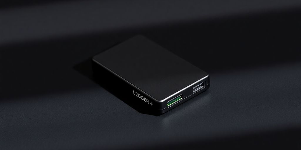 Ledger Nano S Plus cryptocurrency wallet on a black surface.