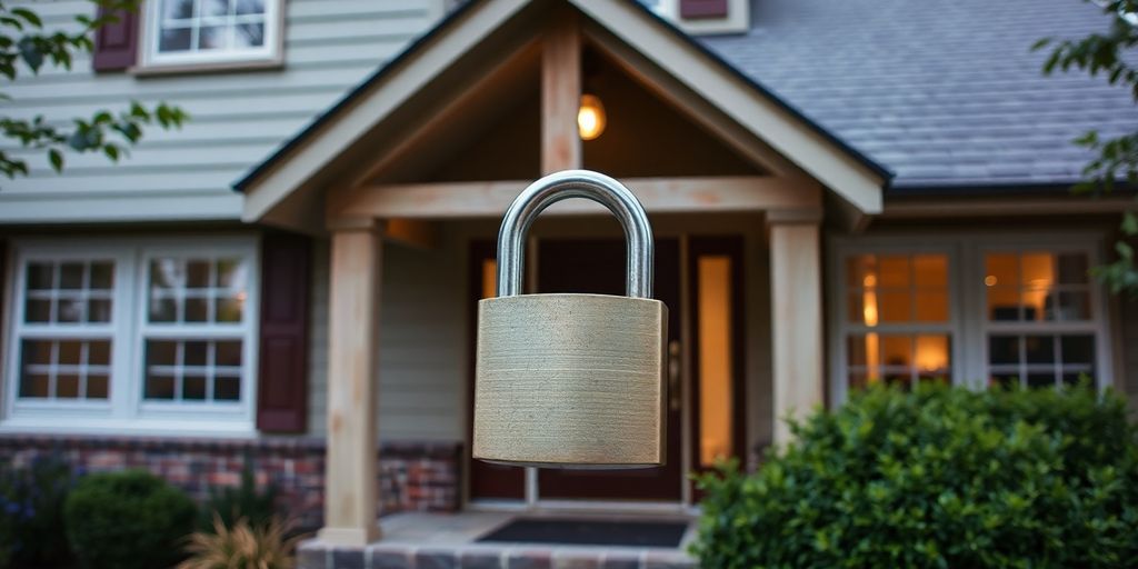 Casa con candado, símbolo de seguridad y protección.