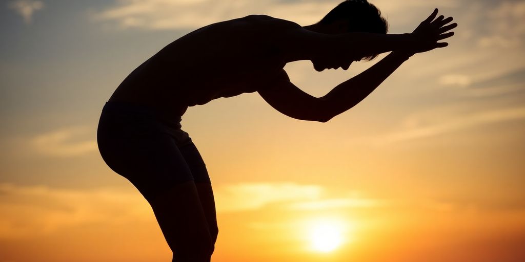 Person stretching outdoors at sunrise.
