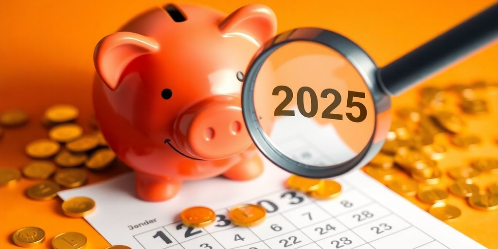 Piggy bank, coins, calendar, and a magnifying glass.