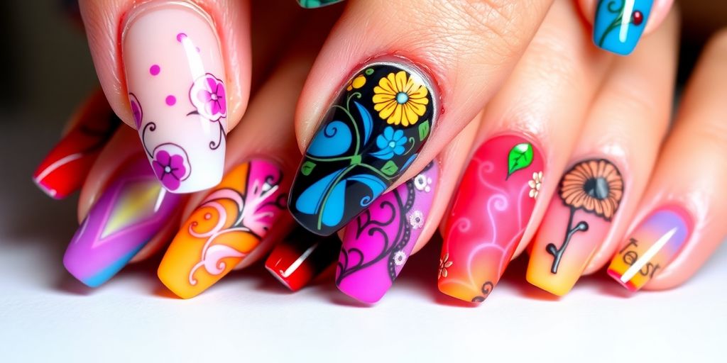 Unhas em gel decoradas com designs criativos e coloridos.