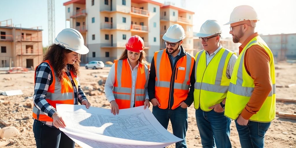 Construction site with workers discussing blueprints.