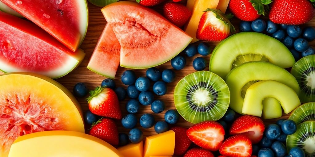 Table full of colorful fresh fruit slices