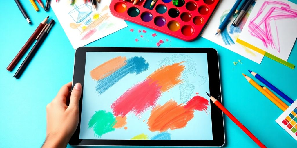 Digital art tools and vibrant sketches on a tablet.