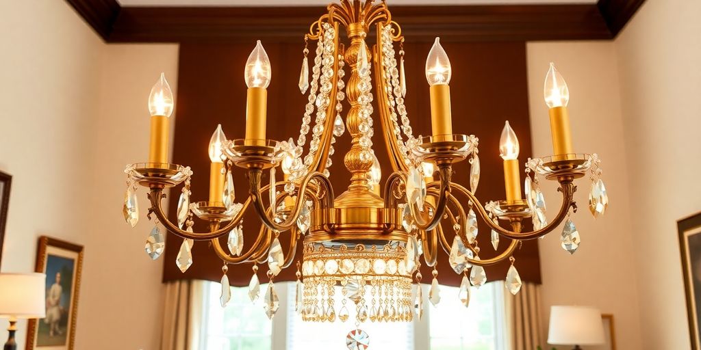 Elegant brass chandelier hanging in a modern dining room.
