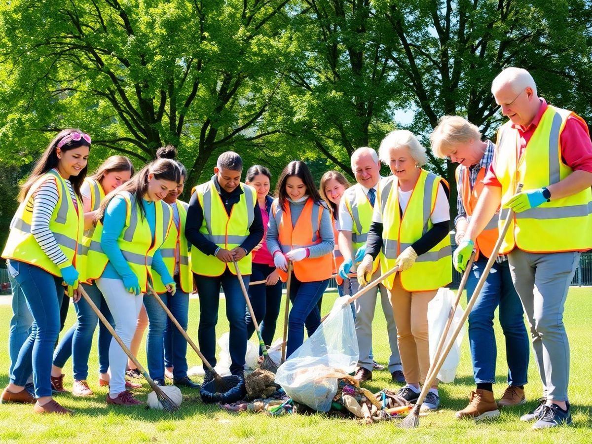 Oameni zâmbitori participă la o activitate de voluntariat.