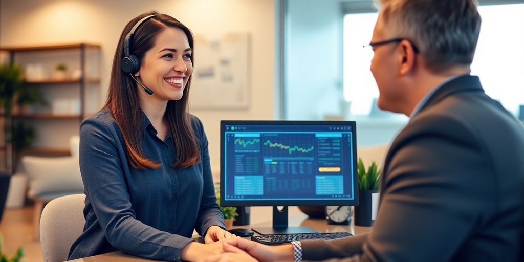 Customer service interaction in a financial office setting.