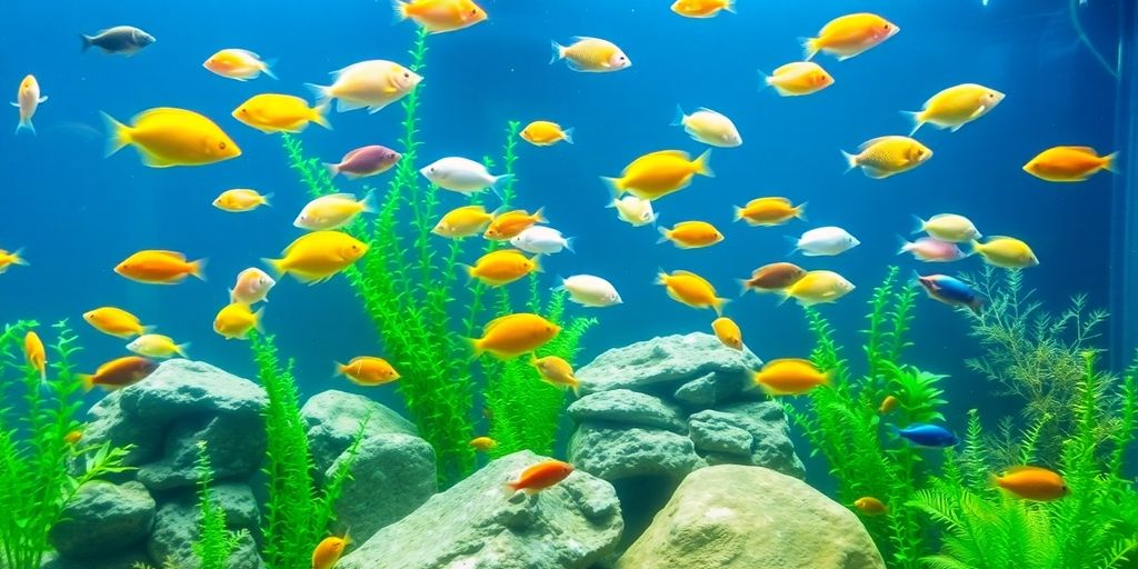 Makukulay na isda na lumalangoy sa isang masaganang aquarium.
