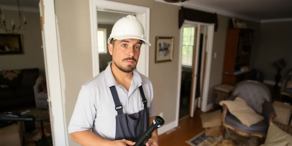 Restoration cleaning technician inspecting damaged home interior.