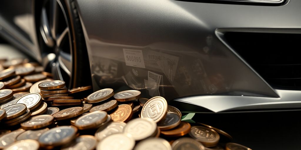 Voiture avec des pièces de monnaie et des billets de banque.