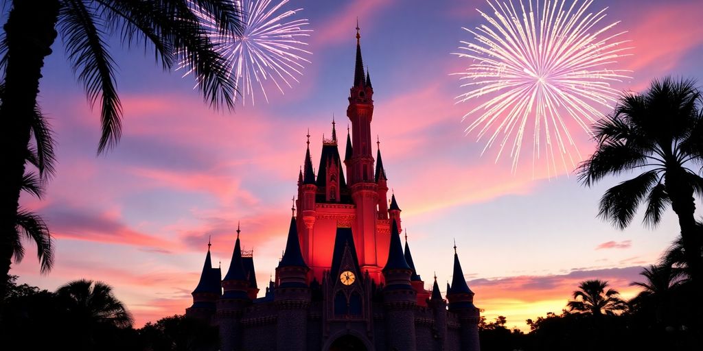 Castelo da Cinderela com fogos de artifício vibrantes