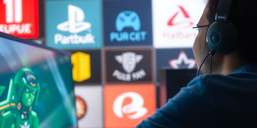 Gamer at computer, game company logos.