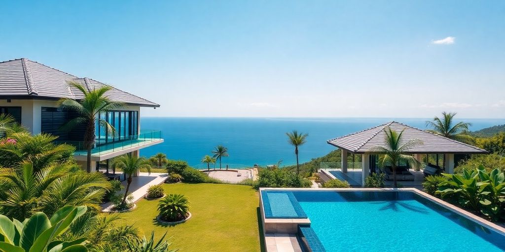 Luxury villa in Phuket with a tropical garden and pool.