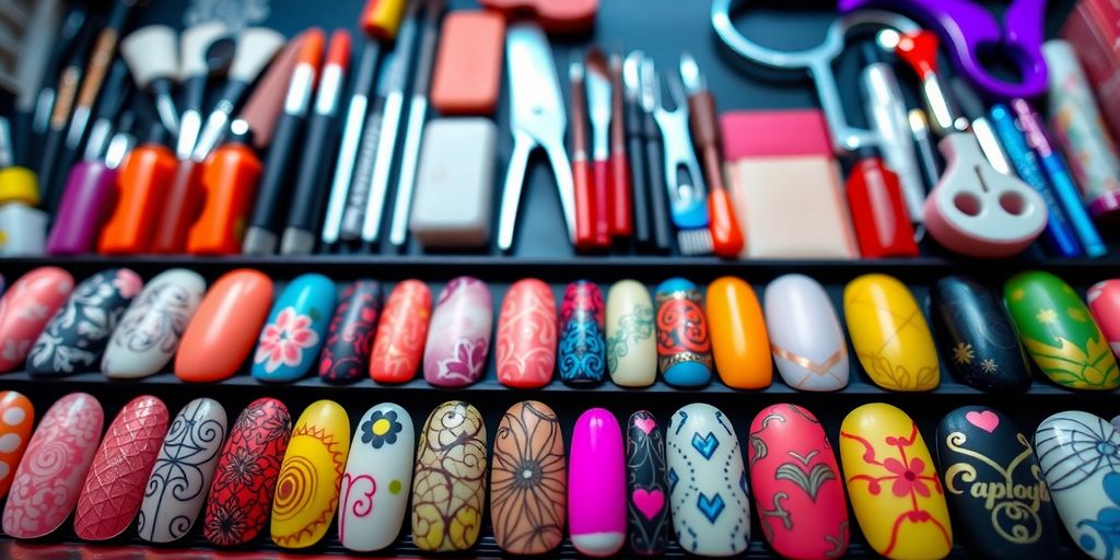 Designs de unhas coloridas e variadas em apresentação.