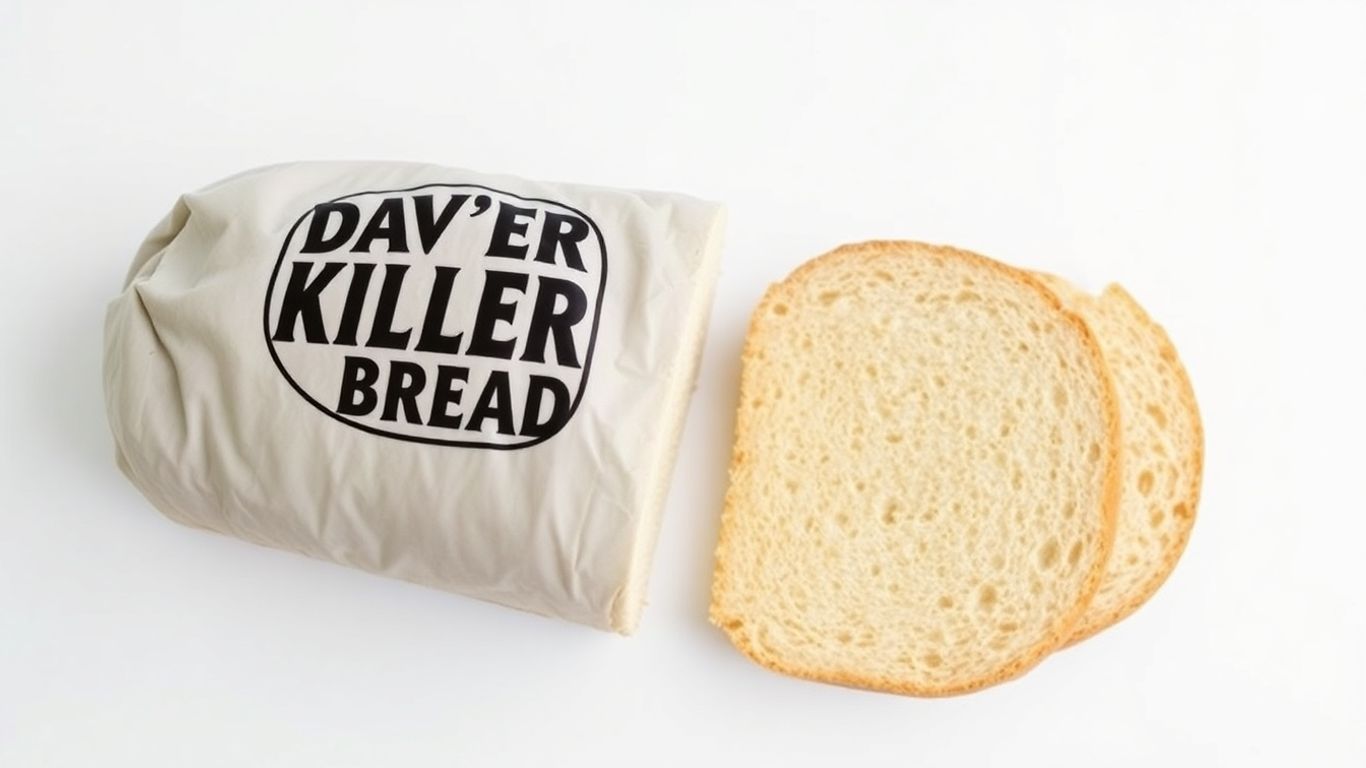 Thinly sliced Dave's Killer Bread loaf on a white surface.