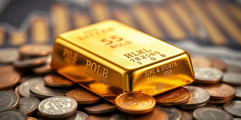 Lingot d'or sur une pile de pièces de monnaie.