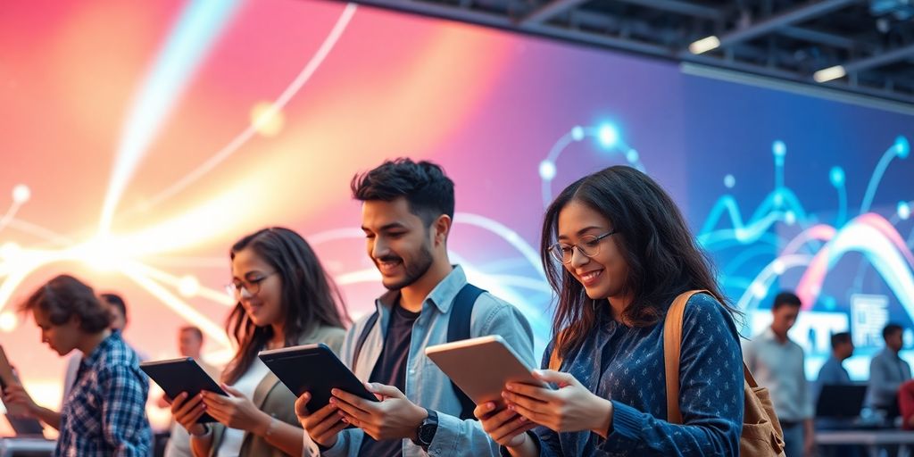 Futuristic cityscape with diverse people interacting with technology.