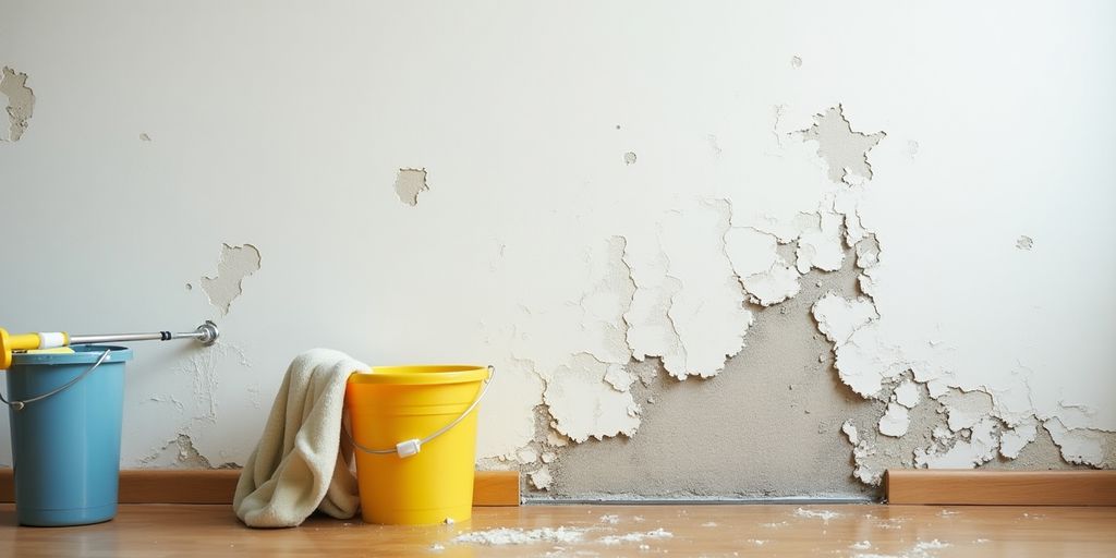 Water-damaged wall with tools for leak restoration.