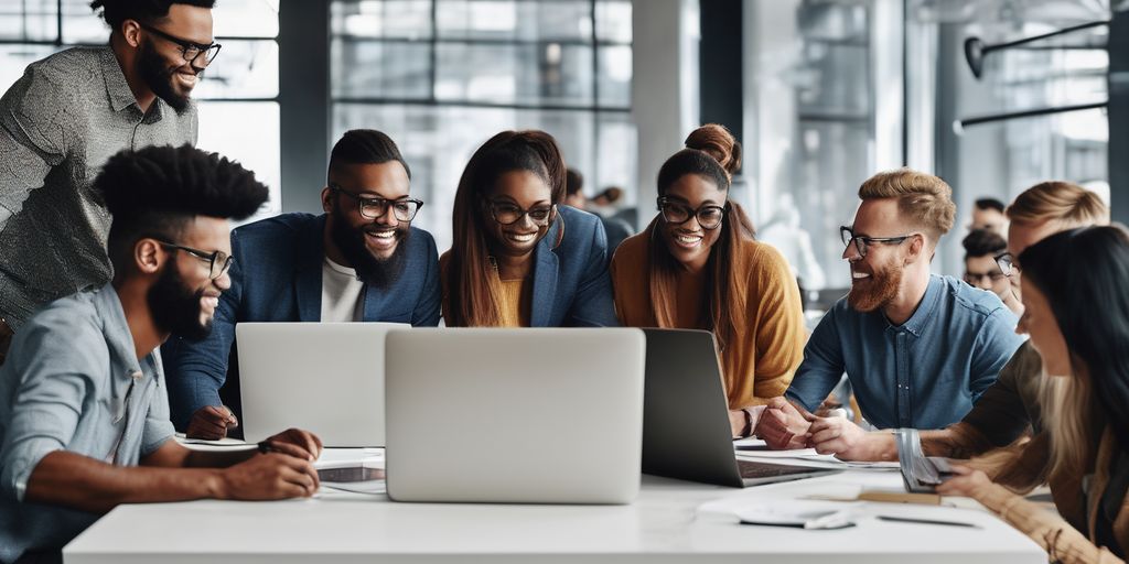group of diverse people collaborating on digital design in a modern workspace