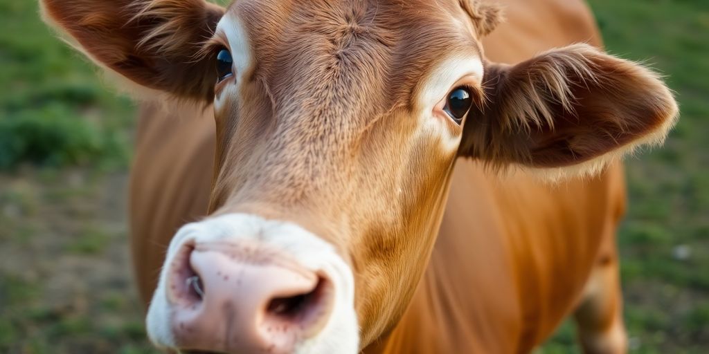 A brown cow with a white face.