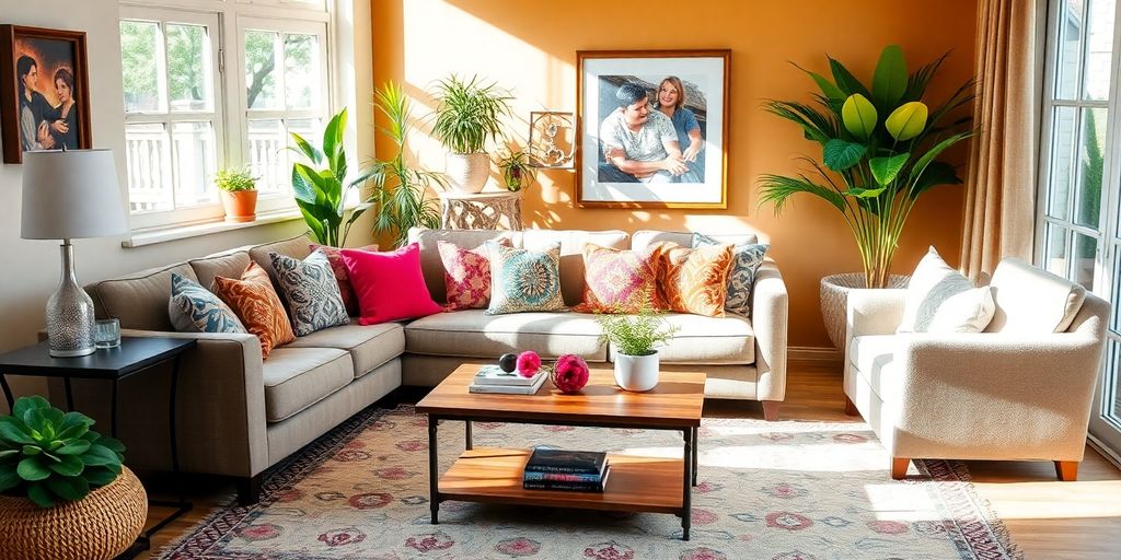 Cozy living room with sofa, coffee table, and decor.