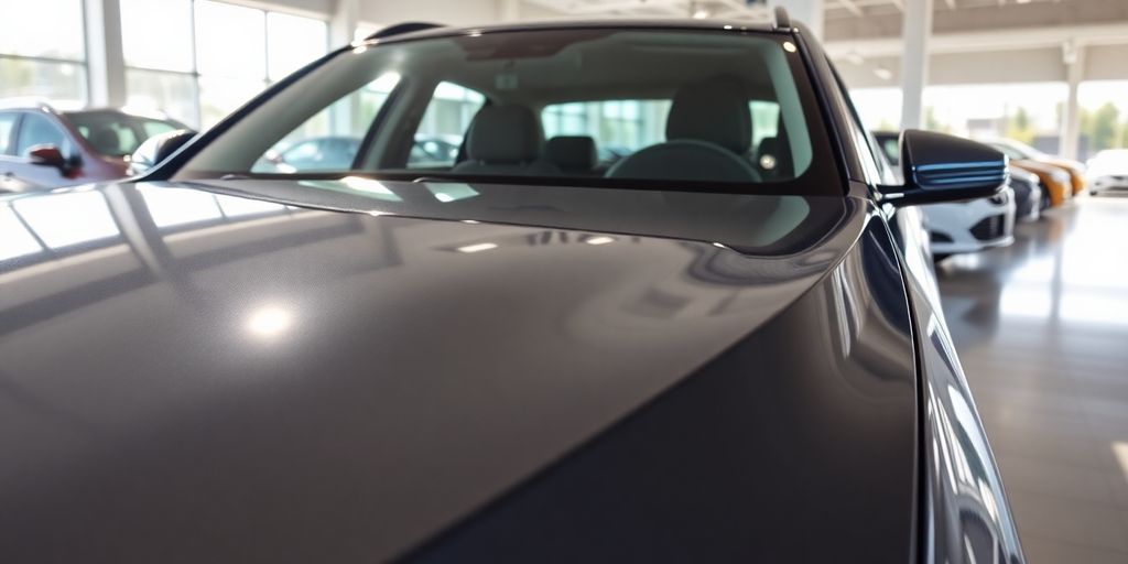A brand-new car in a stylish dealership setting.