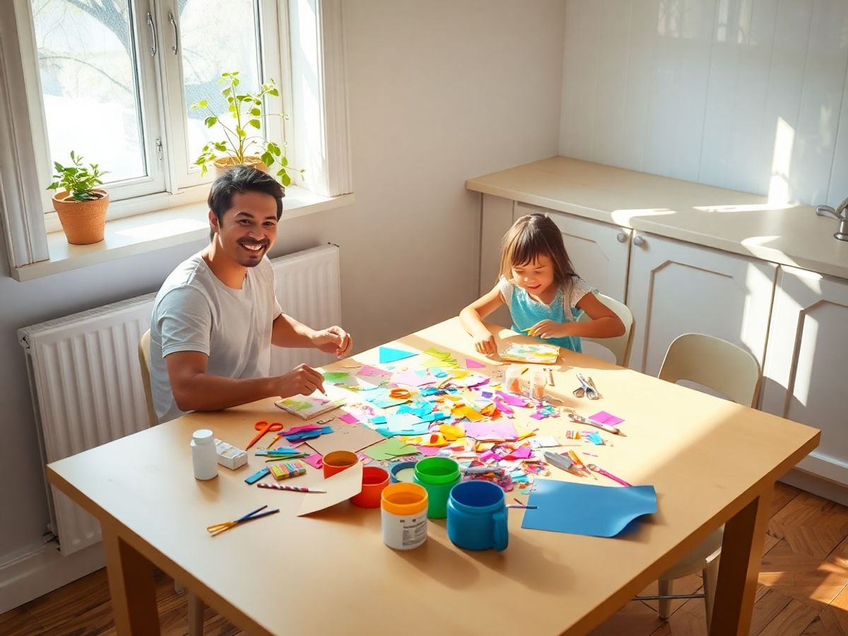 Părinte și copil zâmbitori lucrând o colaj colorat lângă geam