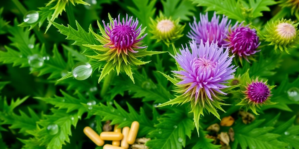 Milk thistle plant with herbal supplements.