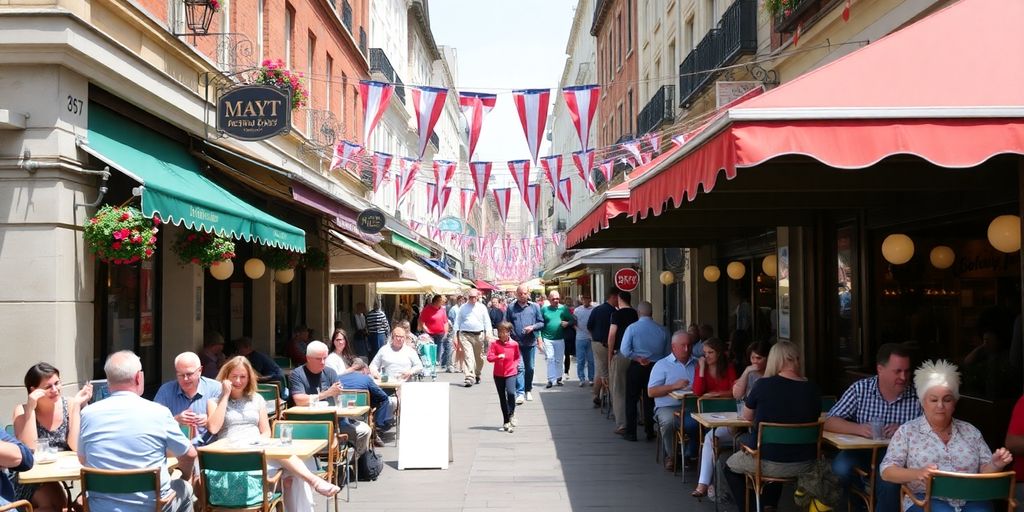 Terrasses de cafés animées le 1er mai.