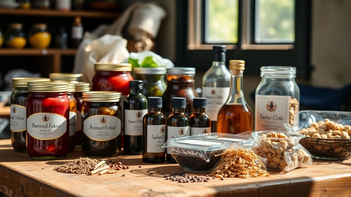 Produits d'épicerie fine artisanale sur une surface en bois.