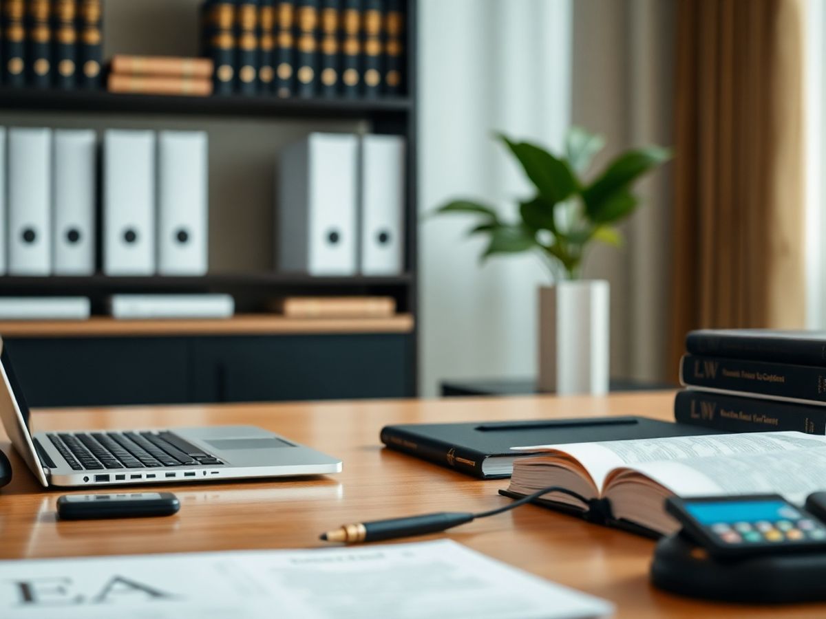Birou modern de avocat cu laptop și cărți
