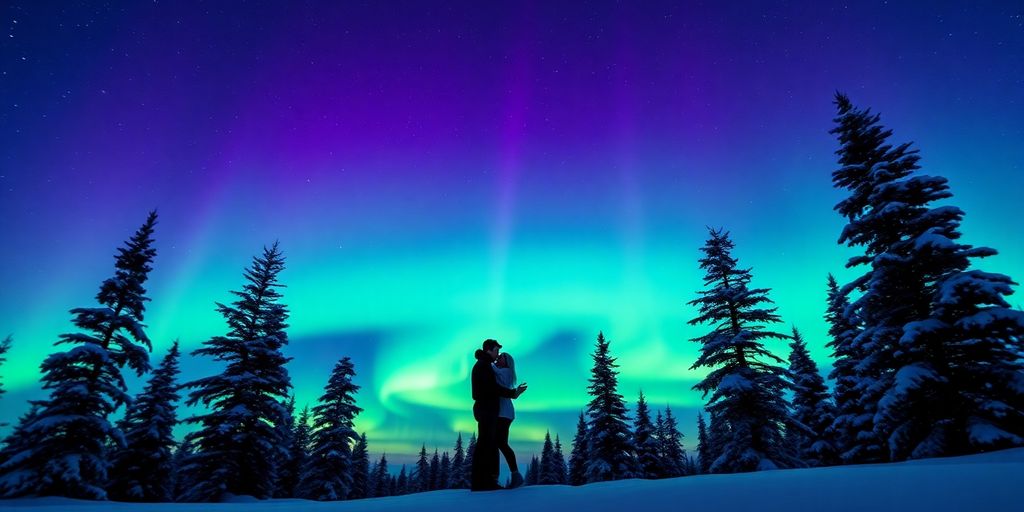 A couple watches the Northern Lights over a snowy landscape.