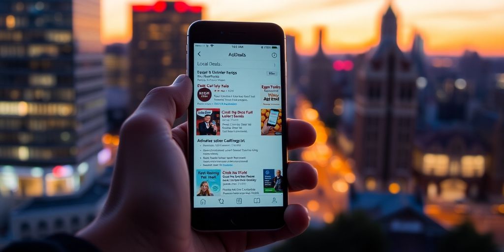 Person holding phone, local deals on screen, city background.