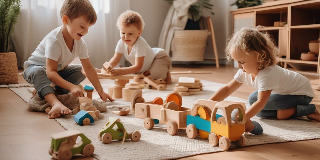 children playing with eco-friendly wooden toys in a cozy home setting