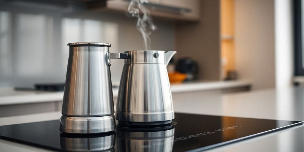 Sleek induction coffee pot on a modern stovetop.