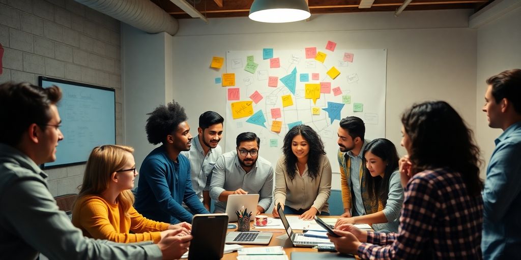 Grupo diverso discutindo ideias em ambiente colaborativo.