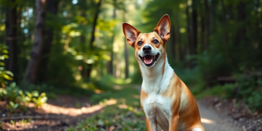 Dog sitting on a forest trail, ready for adventure.