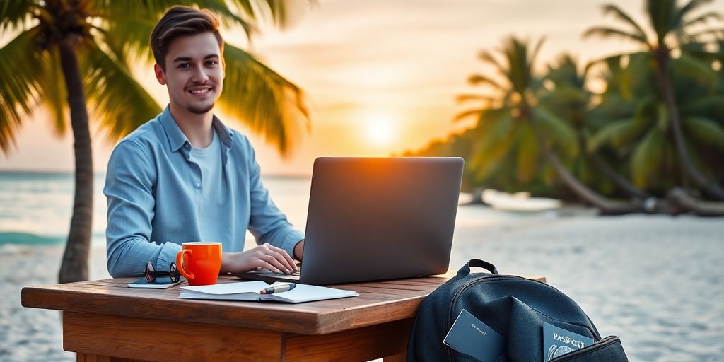 Traveler with laptop on tropical beach at sunrise with backpack