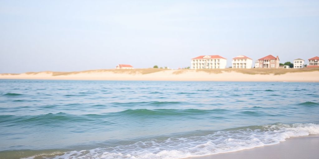 Person relaxing on a beach with rental property buildings in the distance.