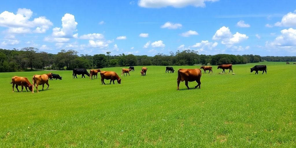 Grass-fed cattle grazing on a sunny Florida farm.