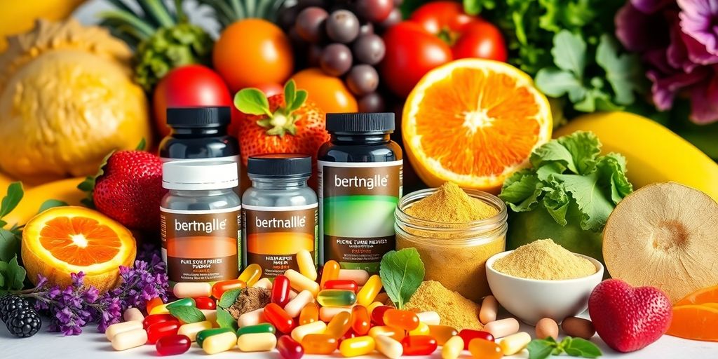 Assorted natural supplements with fresh fruits and vegetables.