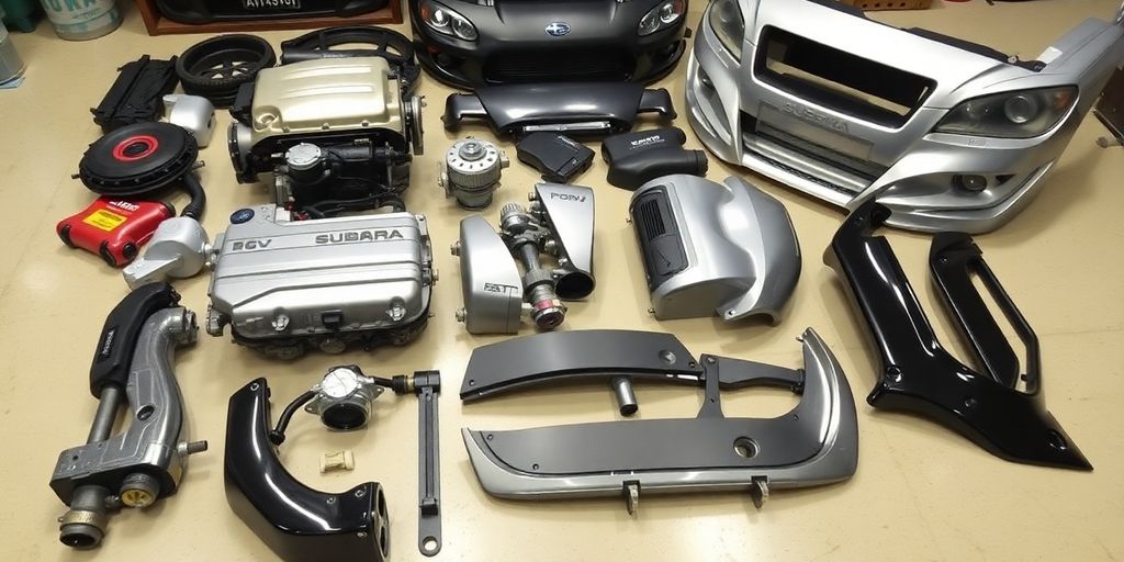 Subaru Impreza spare parts laid out.