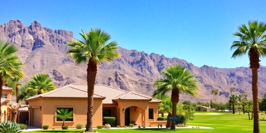 Desert home with palm trees and mountains