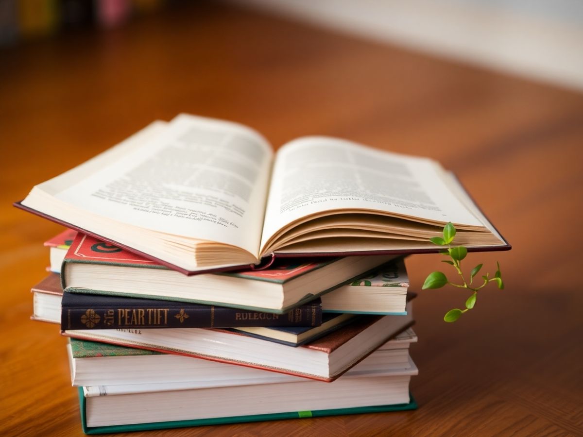 Cărți educative, carte deschisă, plantă, pe masă din lemn.