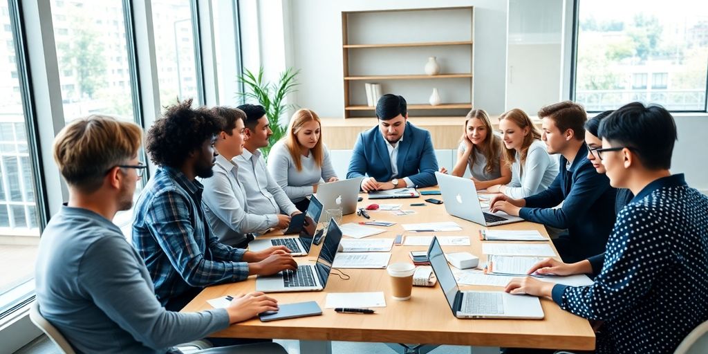 Entrepreneurs collaborating in a bright office setting.