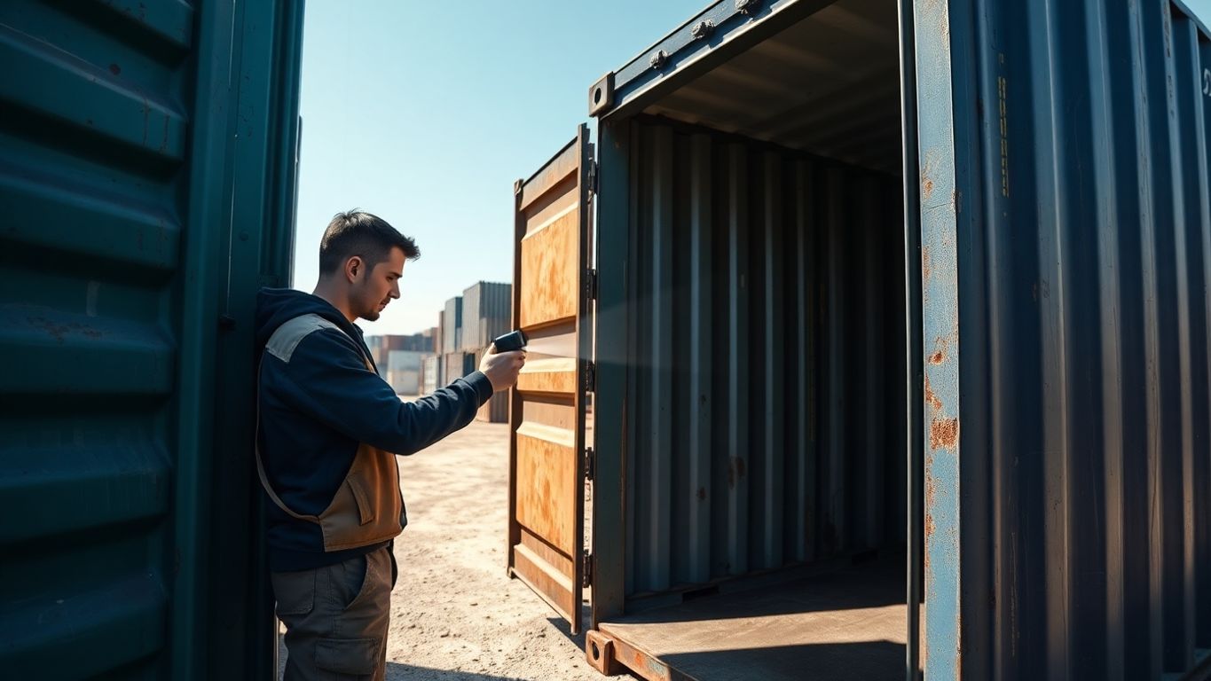 A person inspecting a shipping container.