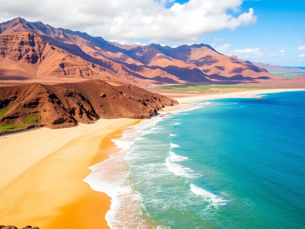 Sun-drenched beach meets dramatic volcanic mountains.