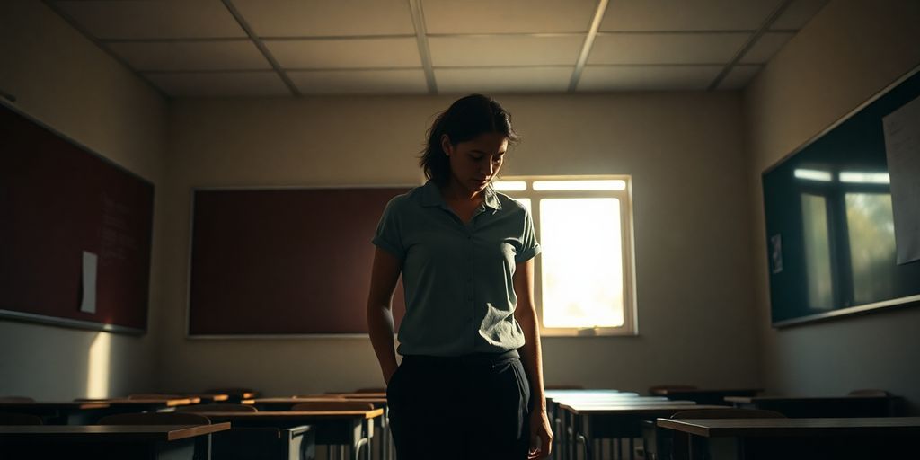 Professeur découragé en classe vide