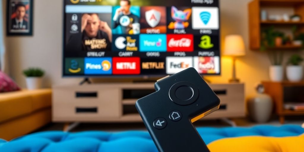 Firestick remote with TV showing streaming apps.