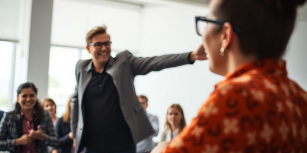Person confidently leading a team towards a bright future.